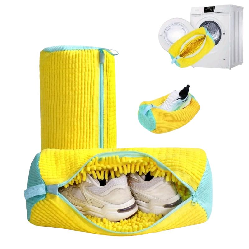 Rinsaro bag shown open and closed, holding shoes and beside a washing machine