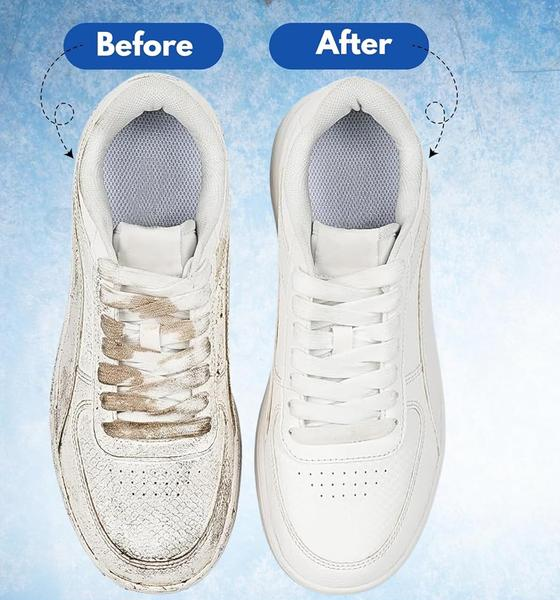 Dirty and clean white shoes shown side by side as a product-benefit visual
