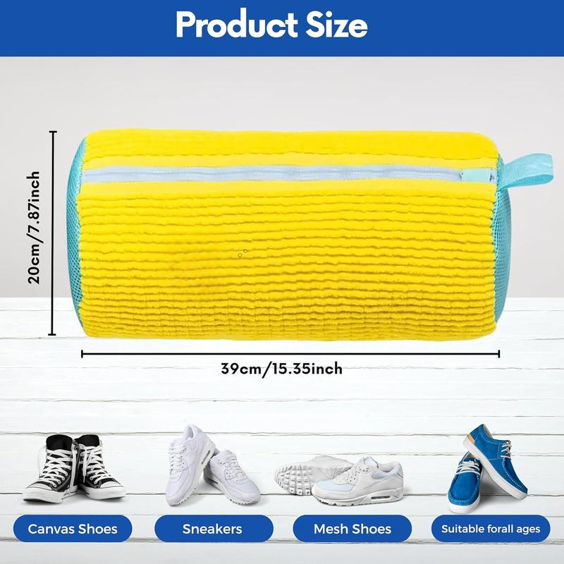 Product size graphic showing the bag, dimensions and example shoe types